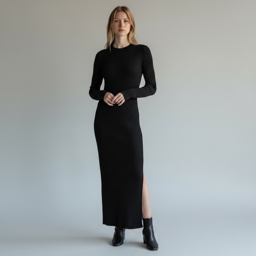Aritzia Babaton Black Ribbed Knit Long Sleeve Maxi Dress Side Slit Crew Neck